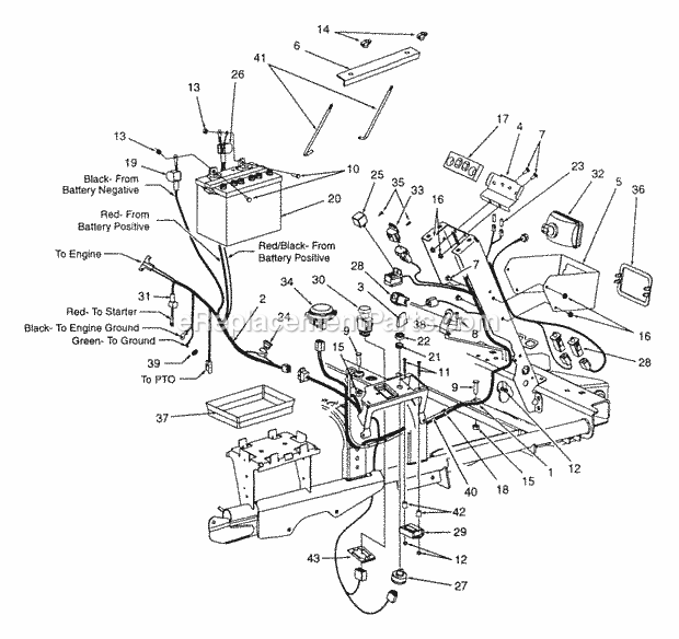 Battery, Electrical Components And Switches Diagram and Parts List for Z48 53AC355M100 Cub Cadet Lawn Mower